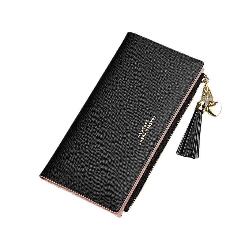 CarrKen long wallet female tassel cross pattern multi-card card bag zipper coin purse cross-border foreign trade wholesale black