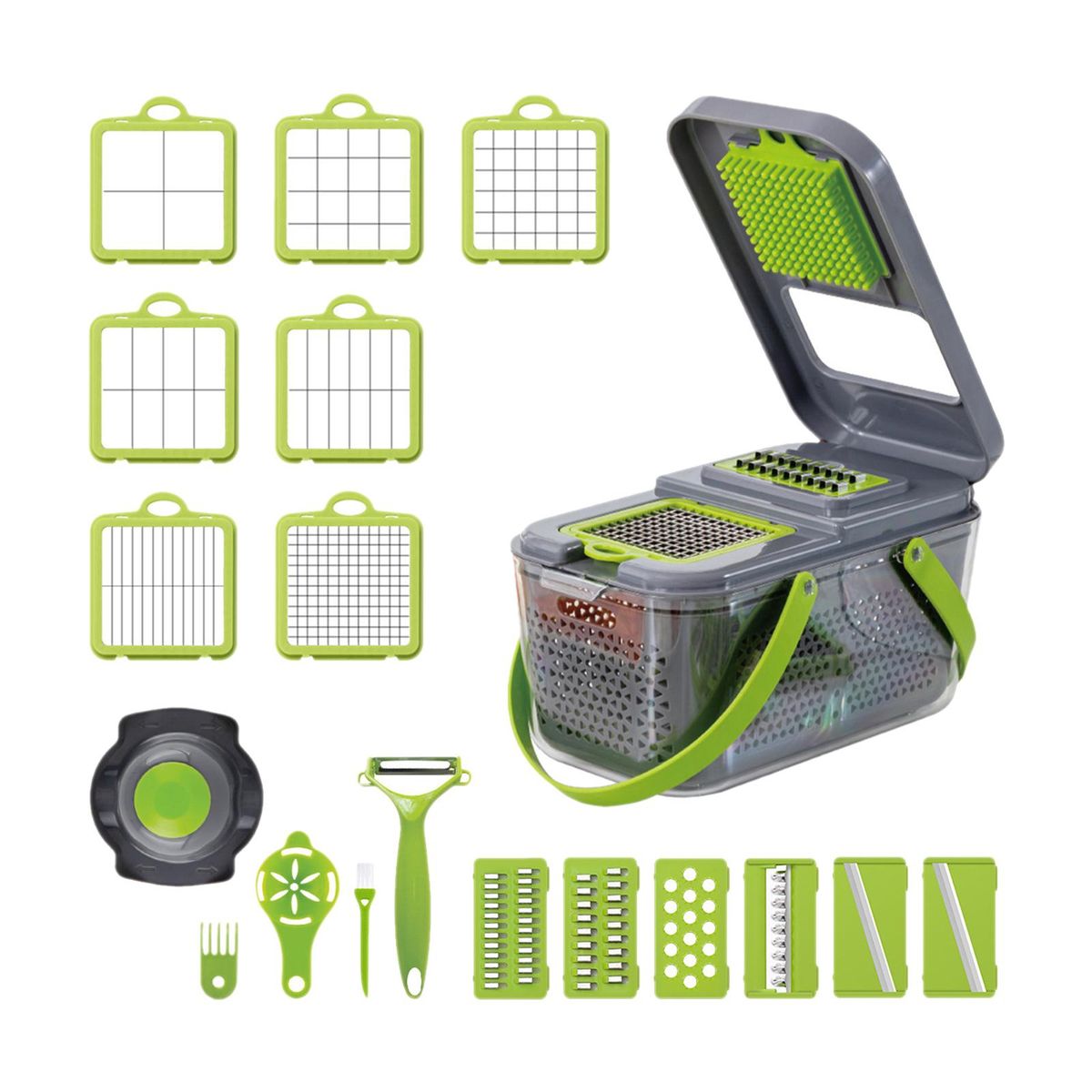 22 in 1 Multifunctional Vegetable Chopper Manual Chopper with Container Food Chopper Cutter for Onion Garlic Carrot Potato With Egg Separator Peeler Hand Protector Drain Basket 8 Blades