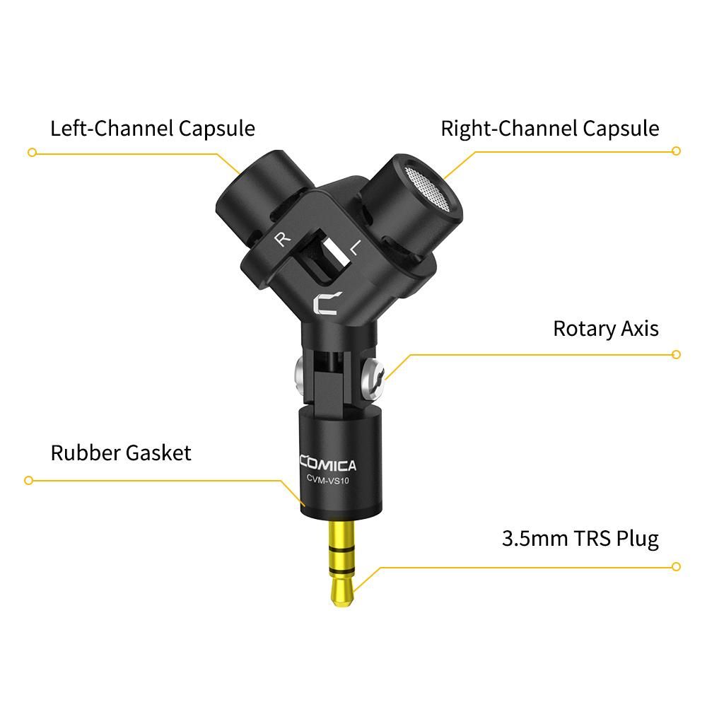 COMICA CVM-VS10 Mini Flexible XY Stereo Microphone Mic 3.5mm TRS Plug 90° Adjustable for GoPro Action Camera DSLR Camera Black
