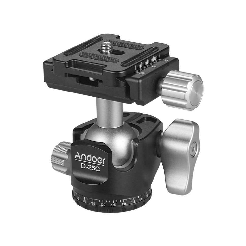 Andoer D-25C CNC Machining Aluminum Alloy Double Notch Ball Head Mini Ballhead Low Center of Gravity for Manfrotto Tripod Monopod for DSLR ILDC Cameras Max Load Capacity 10kg