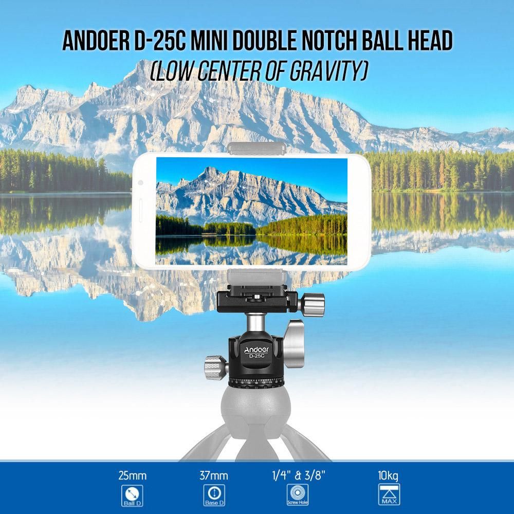Andoer D-25C CNC Machining Aluminum Alloy Double Notch Ball Head Mini Ballhead Low Center of Gravity for Manfrotto Tripod Monopod for DSLR ILDC Cameras Max Load Capacity 10kg