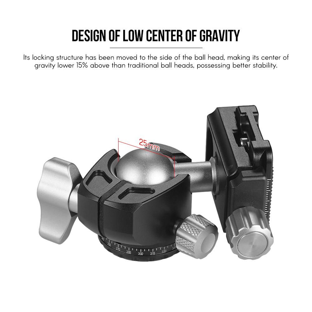 Andoer D-25C CNC Machining Aluminum Alloy Double Notch Ball Head Mini Ballhead Low Center of Gravity for Manfrotto Tripod Monopod for DSLR ILDC Cameras Max Load Capacity 10kg