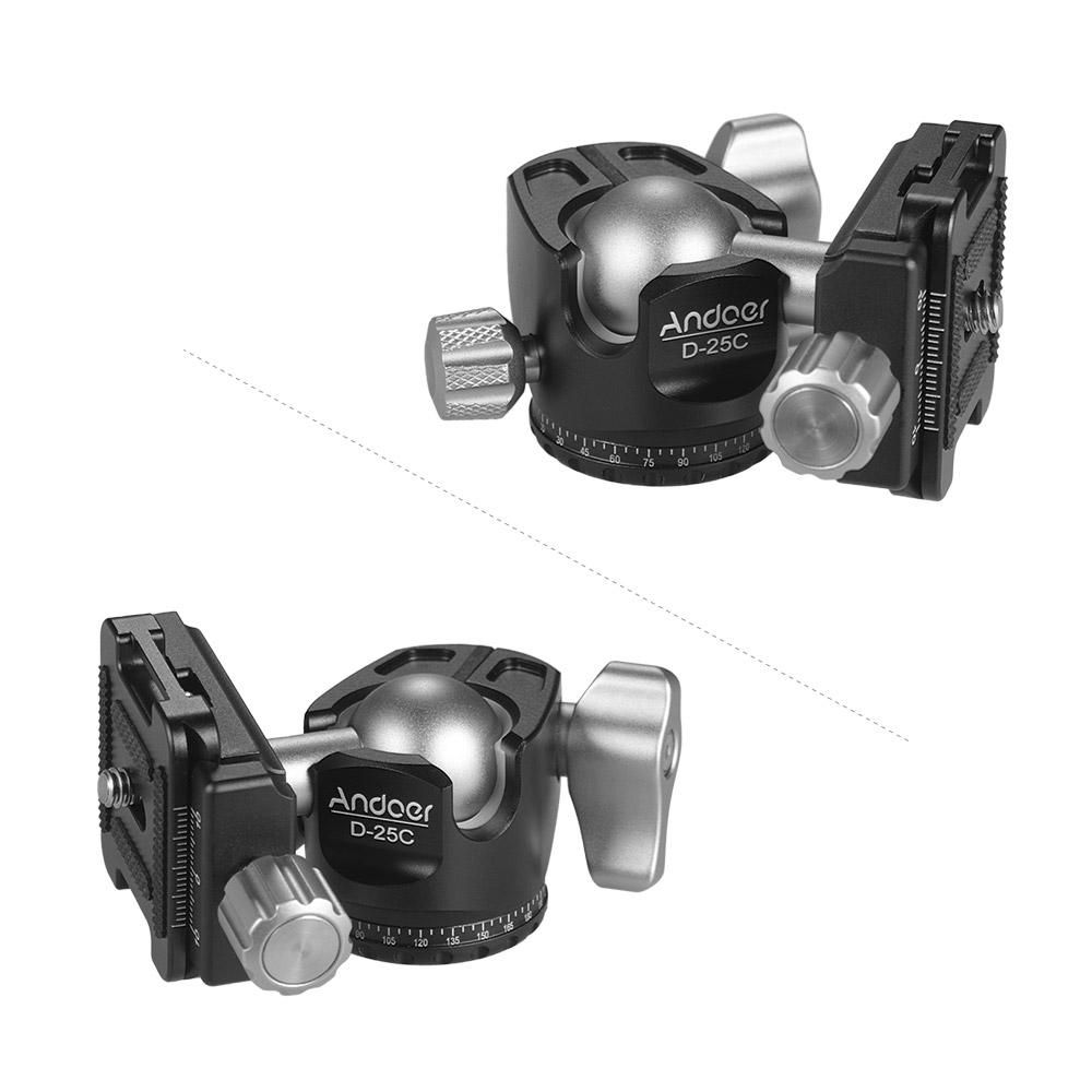 Andoer D-25C CNC Machining Aluminum Alloy Double Notch Ball Head Mini Ballhead Low Center of Gravity for Manfrotto Tripod Monopod for DSLR ILDC Cameras Max Load Capacity 10kg