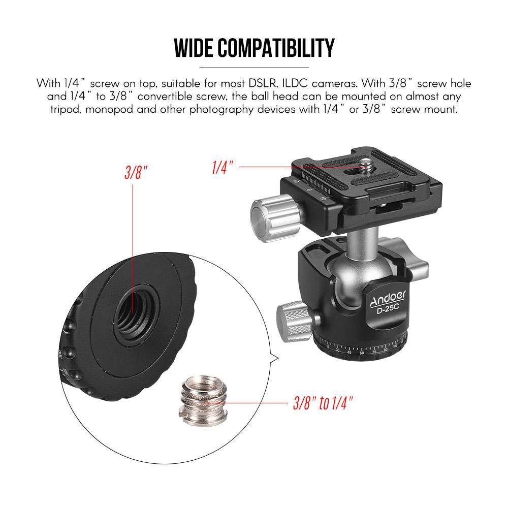Andoer D-25C CNC Machining Aluminum Alloy Double Notch Ball Head Mini Ballhead Low Center of Gravity for Manfrotto Tripod Monopod for DSLR ILDC Cameras Max Load Capacity 10kg