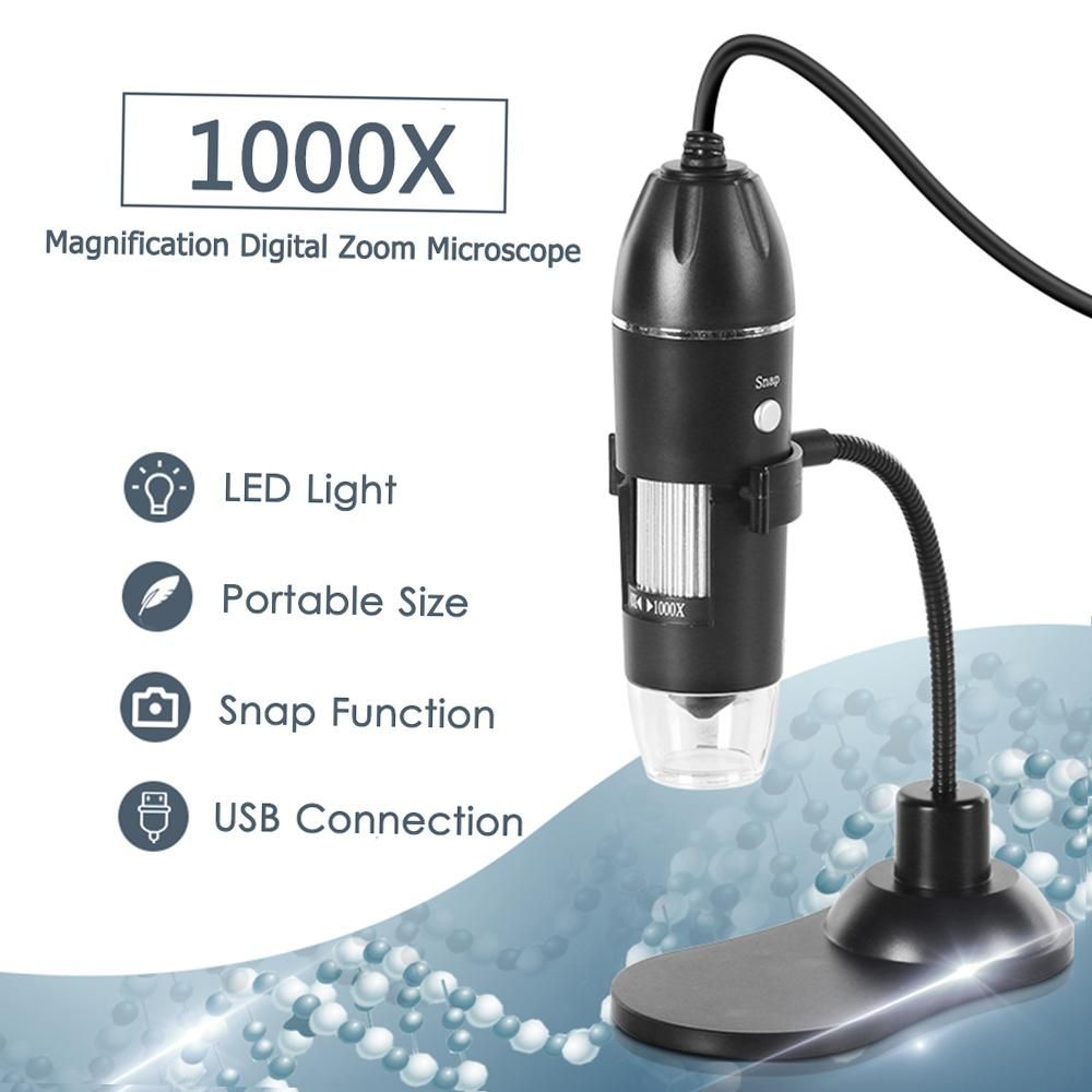 Digital Zoom Microscope USB Handheld & Desktop Magnifier 0.3MP Camera 8-LED Light Magnifying Glass 1000X Magnification for Windows/Mac System with Stand