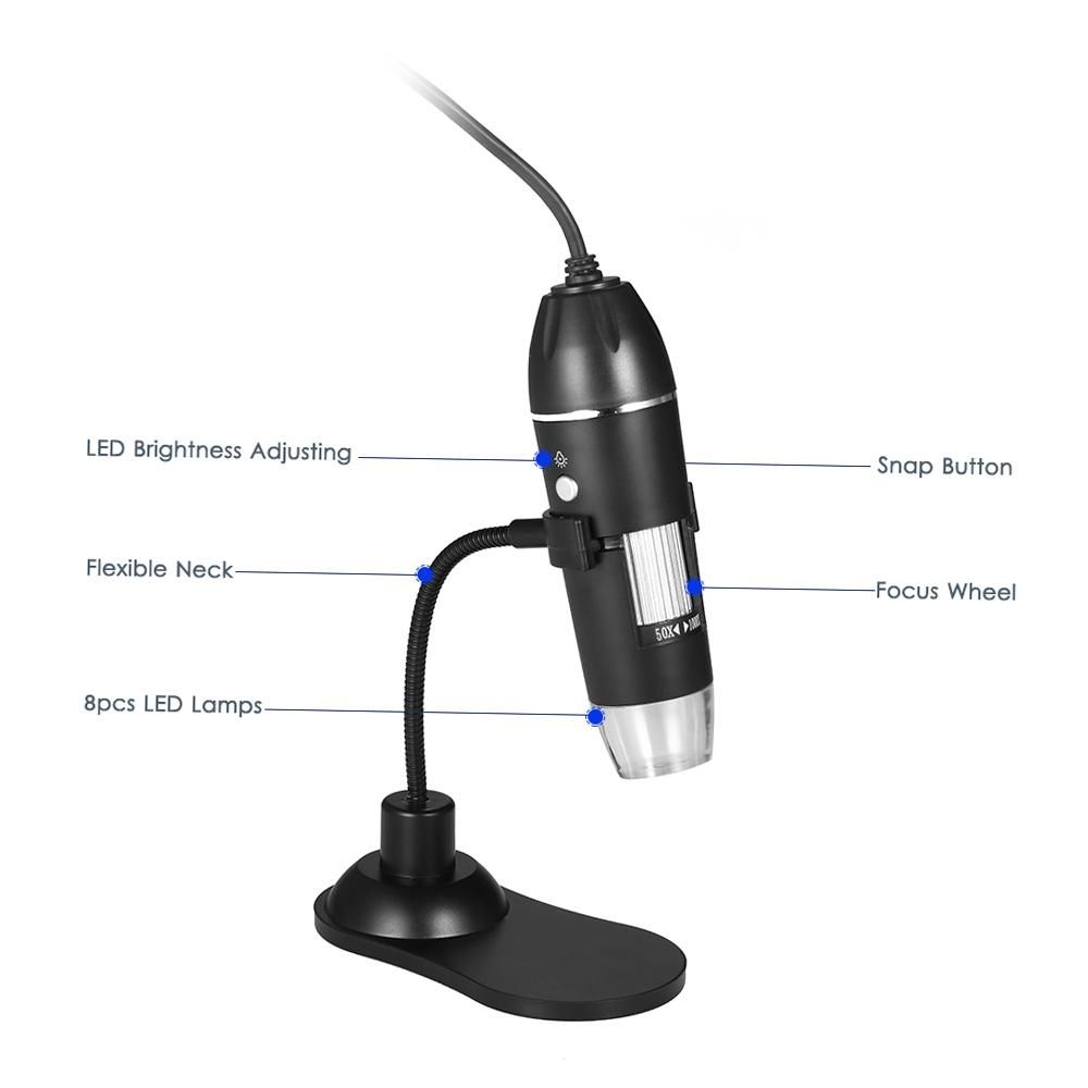 Digital Zoom Microscope USB Handheld & Desktop Magnifier 0.3MP Camera 8-LED Light Magnifying Glass 1000X Magnification for Windows/Mac System with Stand