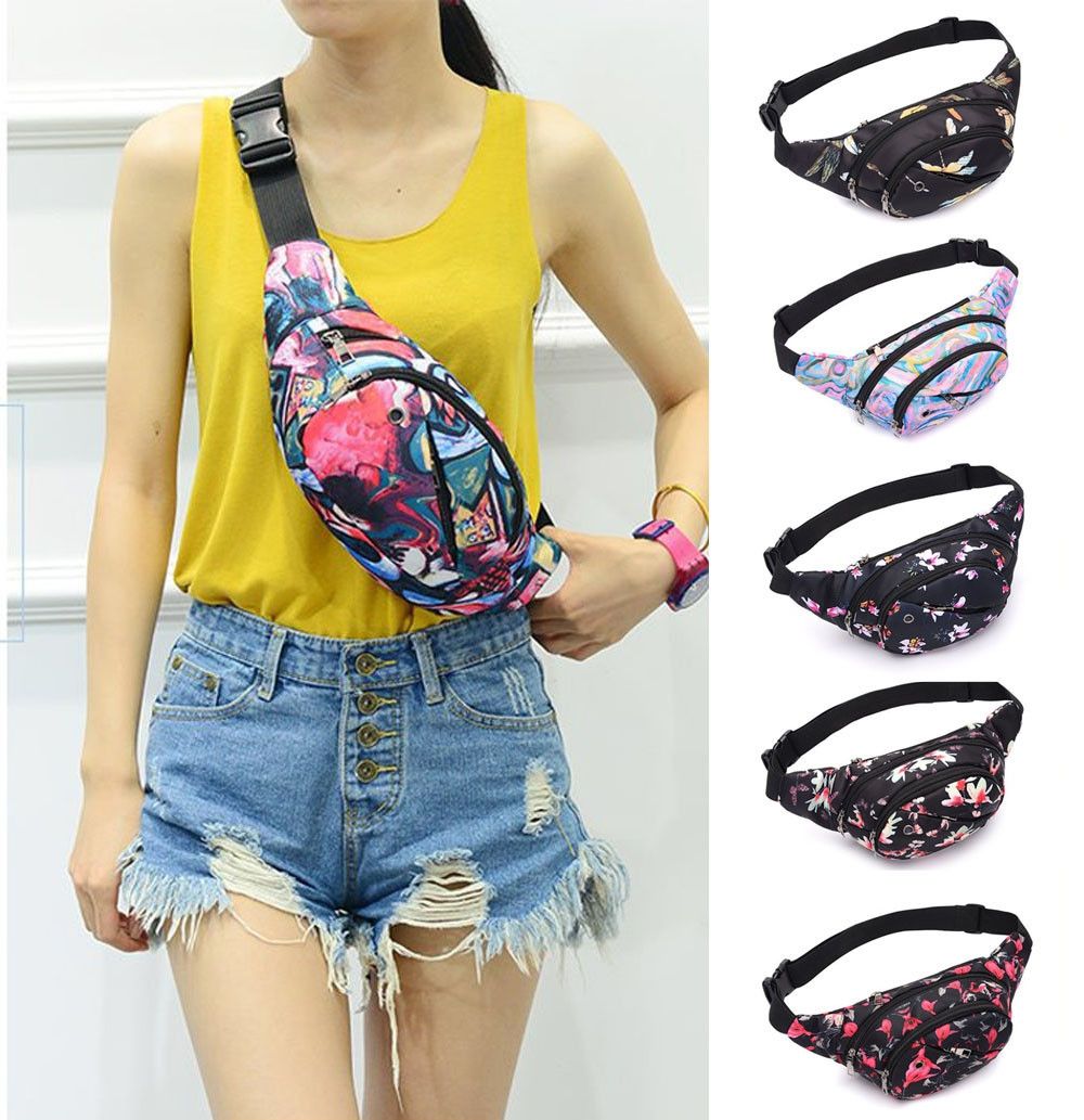 Color Printing Multi-function Casual Pockets Ladies Outdoor Purse Waist Bag(Red)
