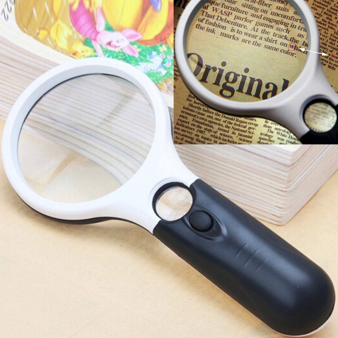 Reading Visual Magnifier With 3 LED Light, Mini Portable 3-45X Handheld Reading Visual Magnifier With 3 LED Light(White)