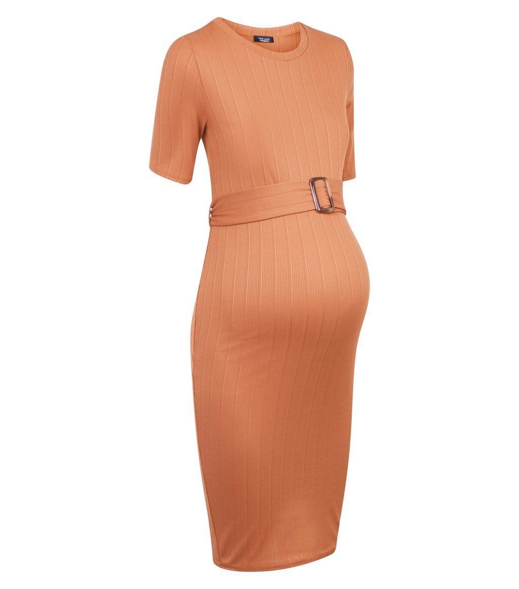 Ribbed Short Sleeves Buckle Rust Maternity Dress