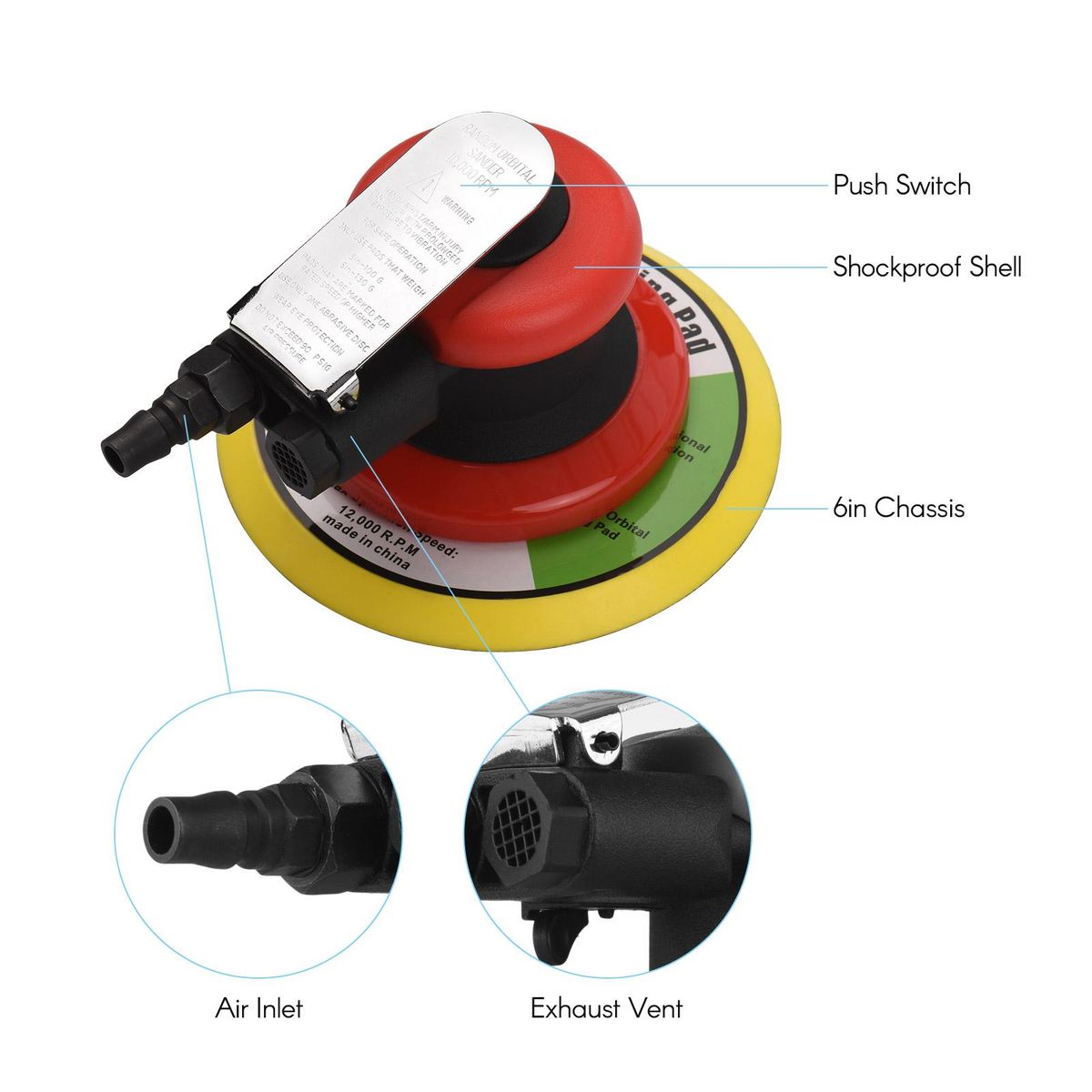 Pneumatic Sander 6 Inch Polishing Sanding Waxing for Car Wall Wood Metal 10000RPM Red