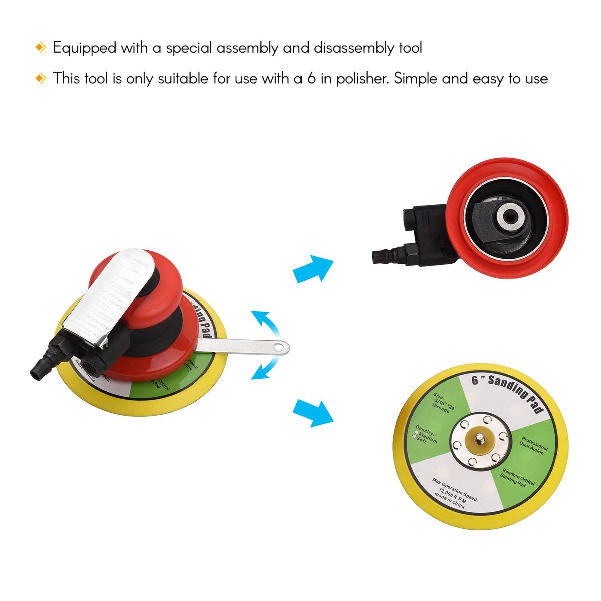Pneumatic Sander 6 Inch Polishing Sanding Waxing for Car Wall Wood Metal 10000RPM Red