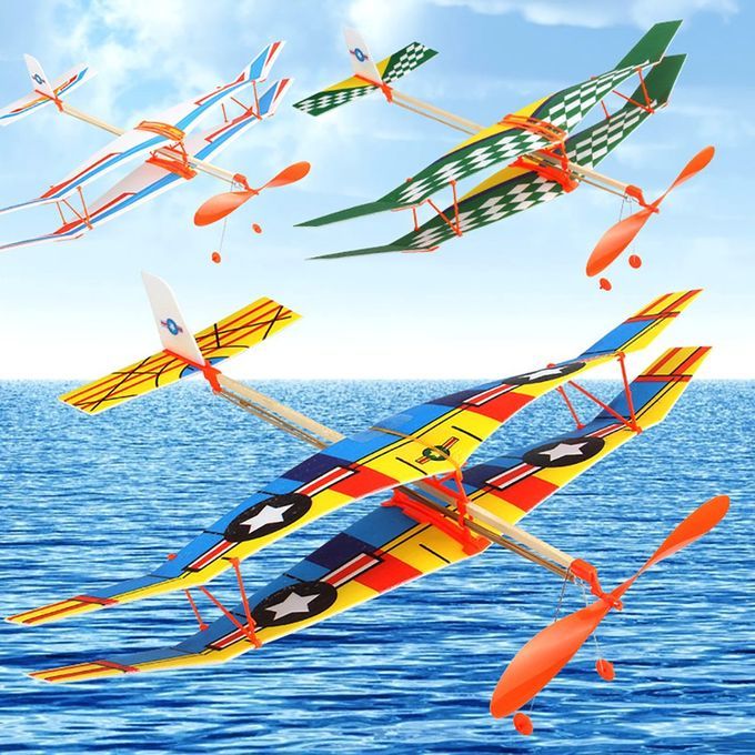 Biplane Glider  Thunderbird Rubber Band Power Plane Helicopter Model-Multicolor-