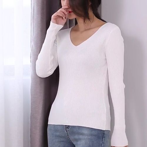 Autumn V Neck Sweater Women Winter Knitted Slim Back V-neck Pullover Tops Casual Long Sleeve Knitting Stretch Sweater Pull Femme(#Black)