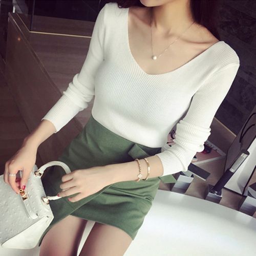 Autumn V Neck Sweater Women Winter Knitted Slim Back V-neck Pullover Tops Casual Long Sleeve Knitting Stretch Sweater Pull Femme(#Black)