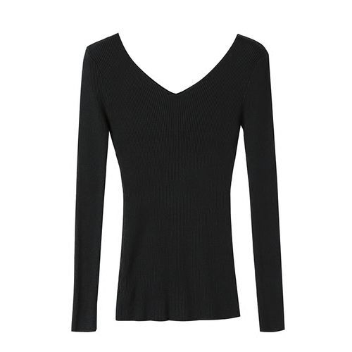 Autumn V Neck Sweater Women Winter Knitted Slim Back V-neck Pullover Tops Casual Long Sleeve Knitting Stretch Sweater Pull Femme(#Black)