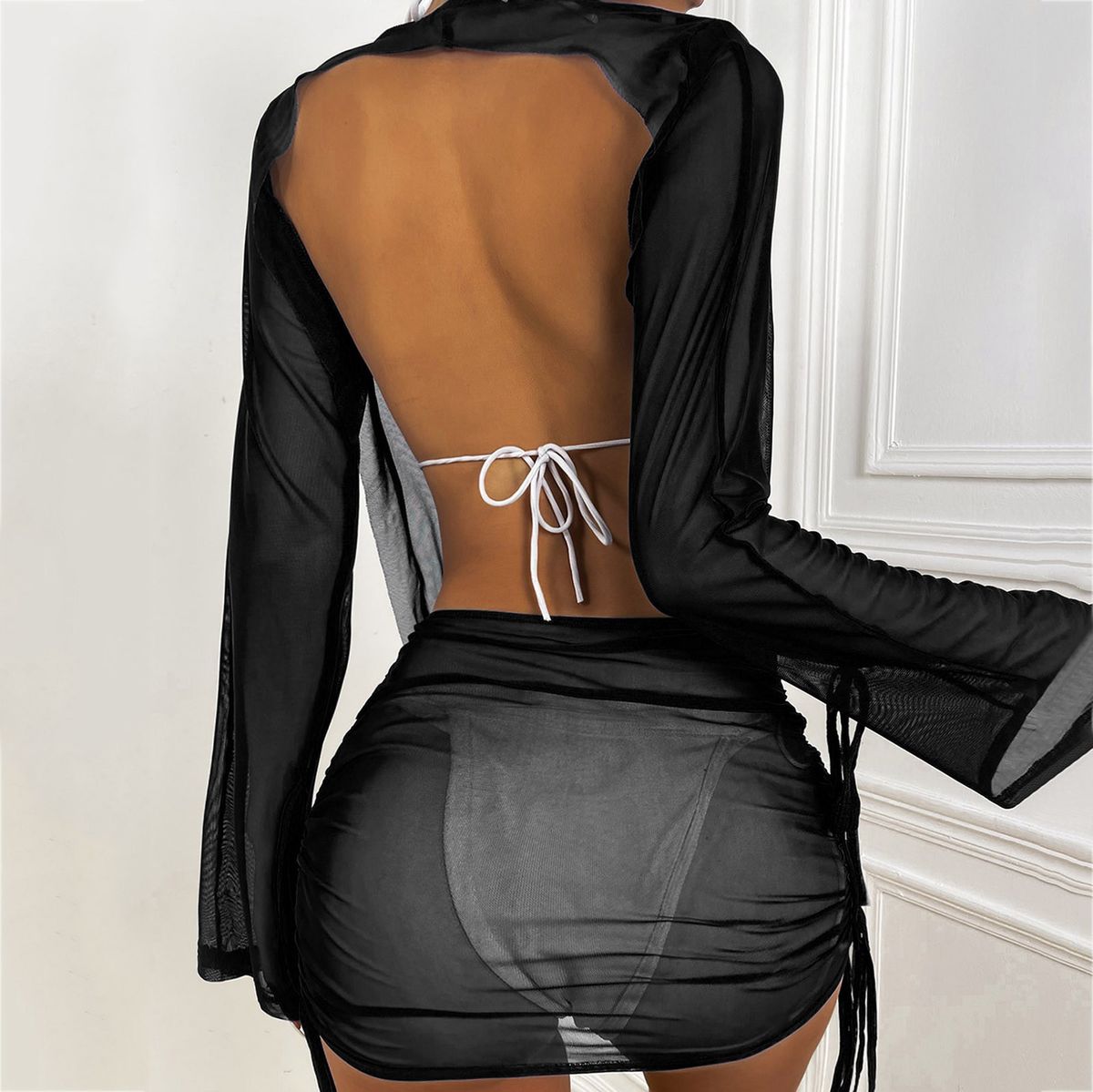 (Black )Women Summer Bikini Cover Up Sexy Draped Front Drawstring Knot Backless Mesh Swimwear Mini Dress Ladies Wraps Beach Bathing Suit SMA