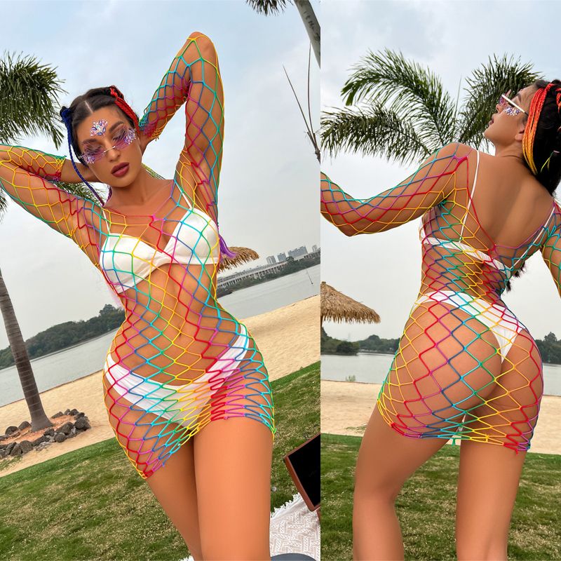 (hollow Out)Beach Wear Cover Ups Shoulder Rainbow Hollow Out Mesh Crochet Dress WomanSwimsuit Cover Up Maillot De Bain Robe Ete Femme Qq653 SMA