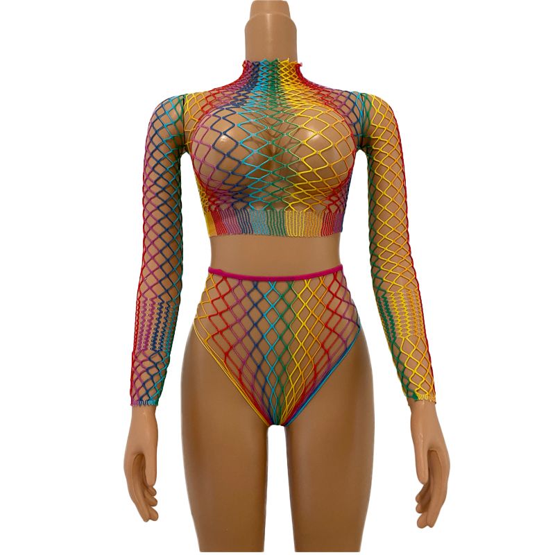 (hollow Out)Beach Wear Cover Ups Shoulder Rainbow Hollow Out Mesh Crochet Dress WomanSwimsuit Cover Up Maillot De Bain Robe Ete Femme Qq653 SMA
