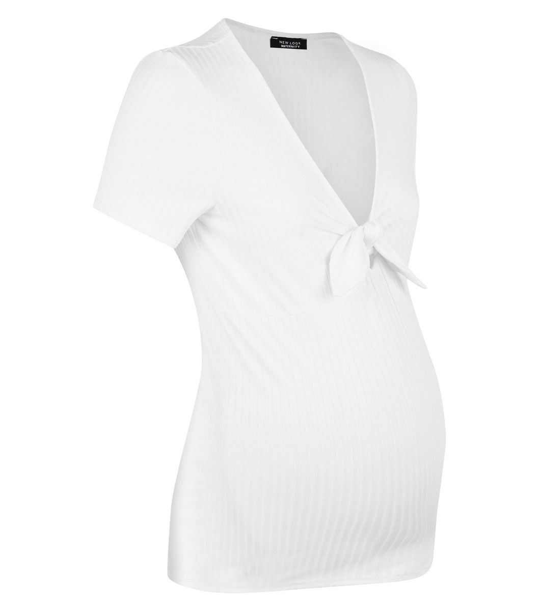 Tie Front Ribbed White Maternity Top