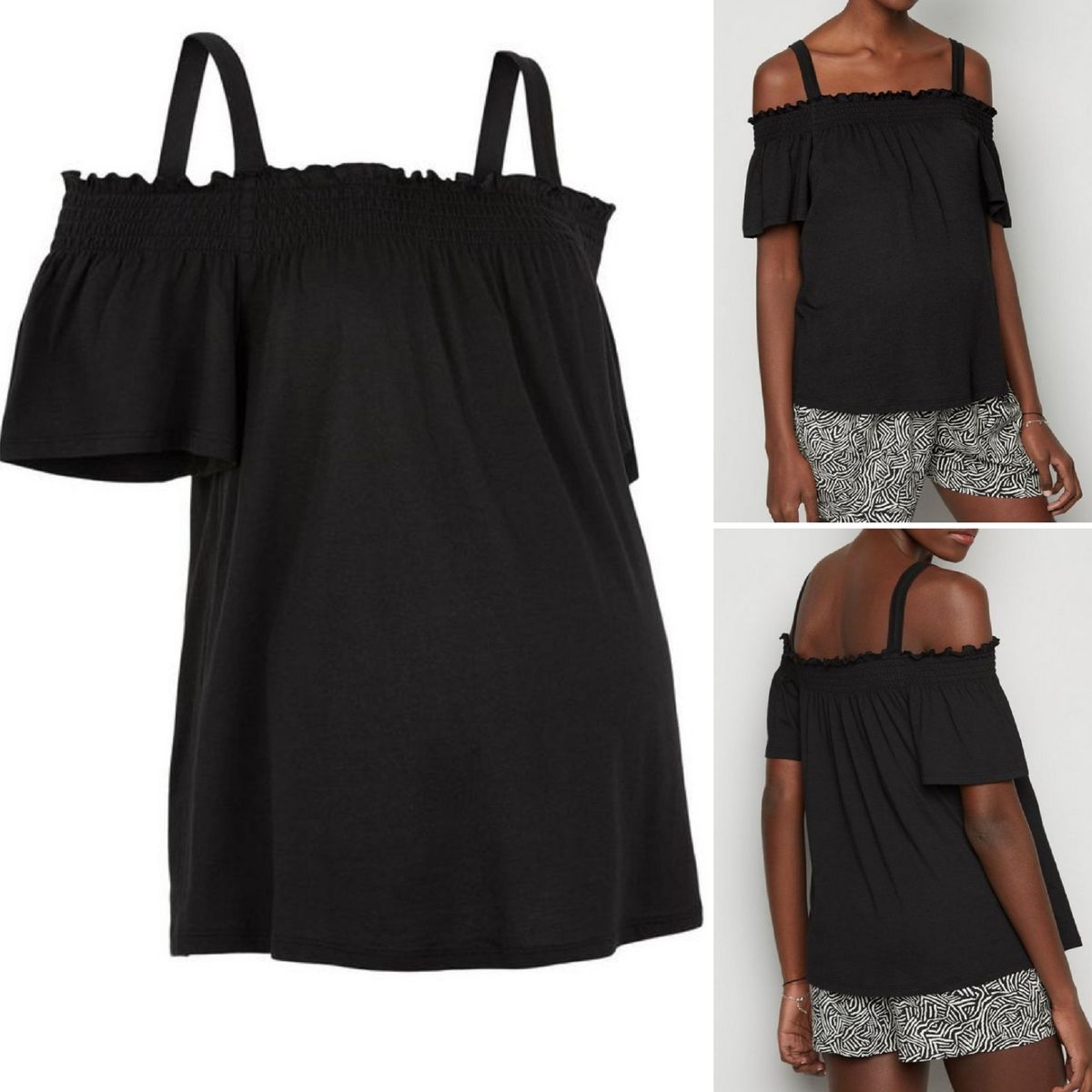 Bardot Neckline Thick Strap Black Maternity Top