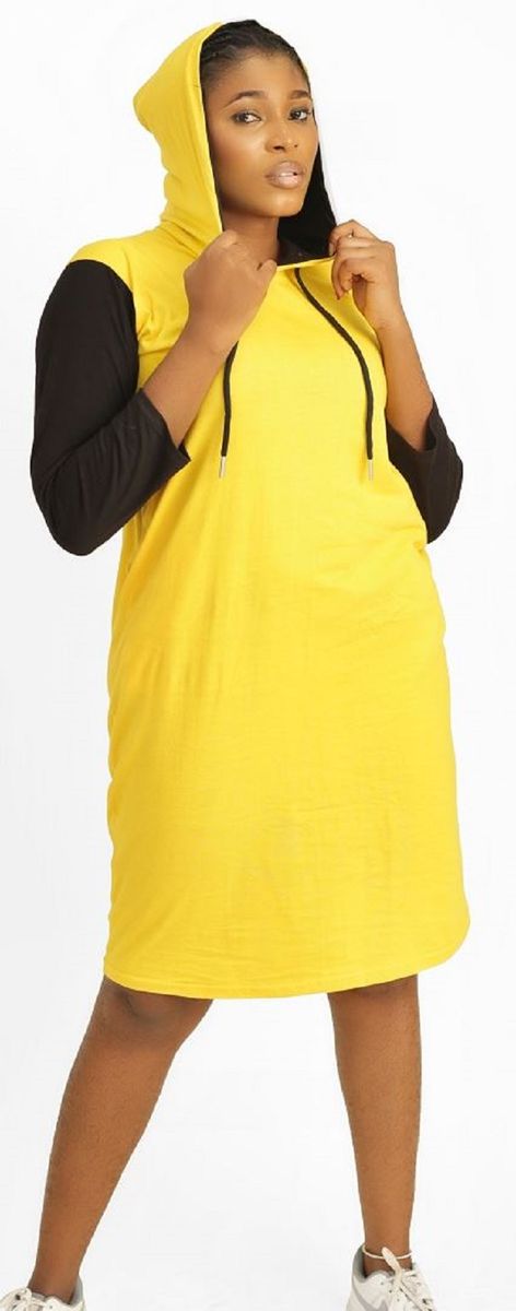 Yellow And Black Contrast Women's Hooded Dress Gown