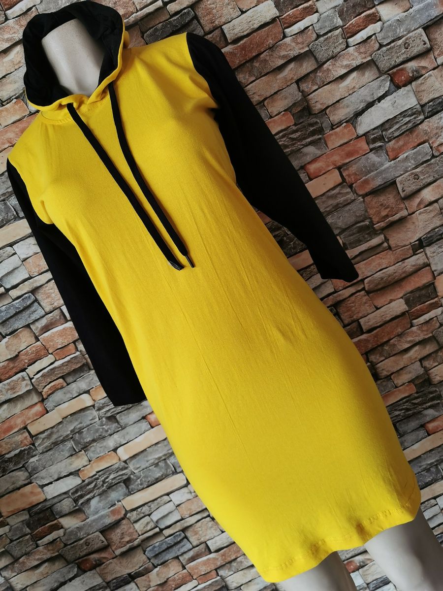 Yellow And Black Contrast Women's Hooded Dress Gown