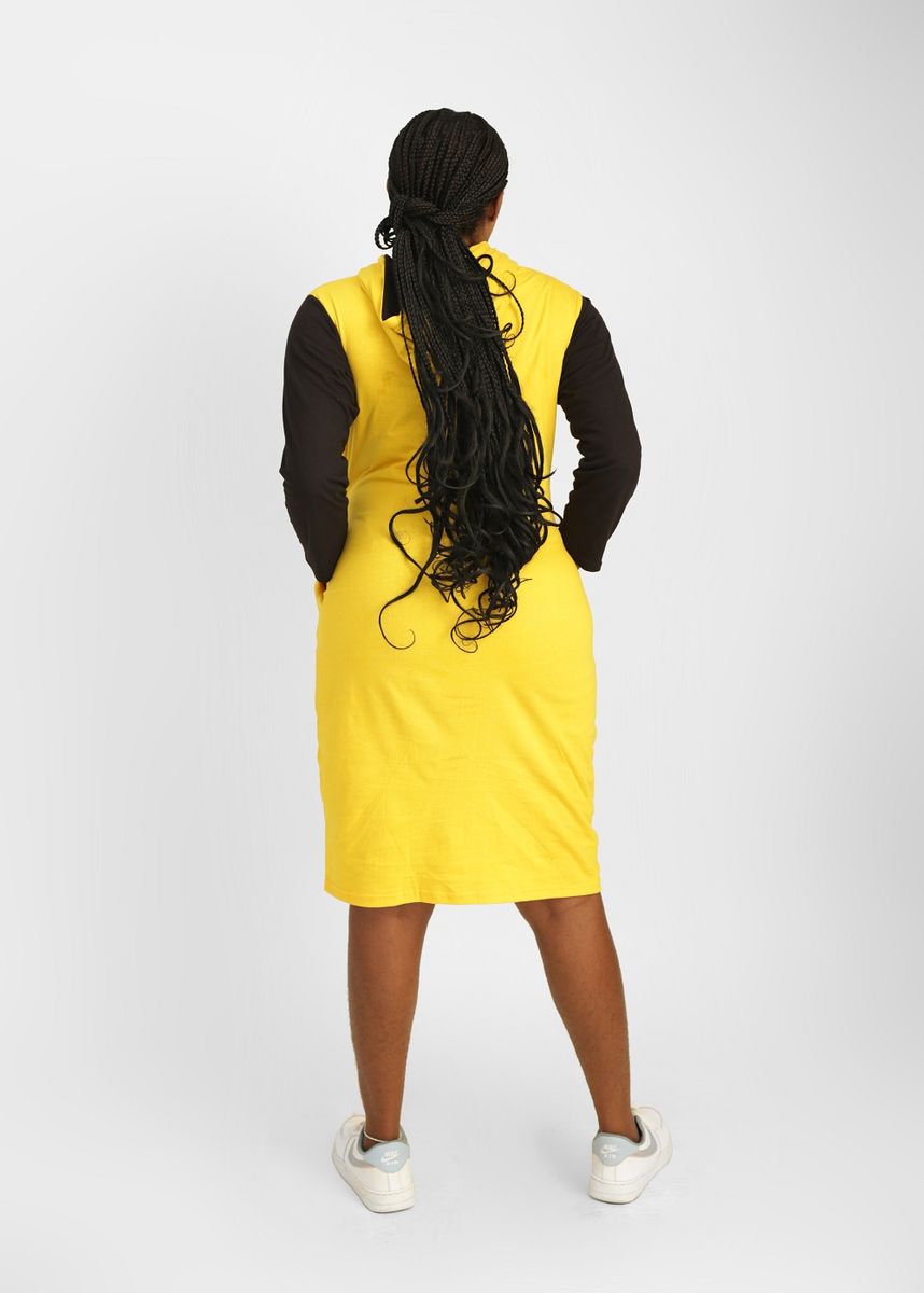 Yellow And Black Contrast Women's Hooded Dress Gown