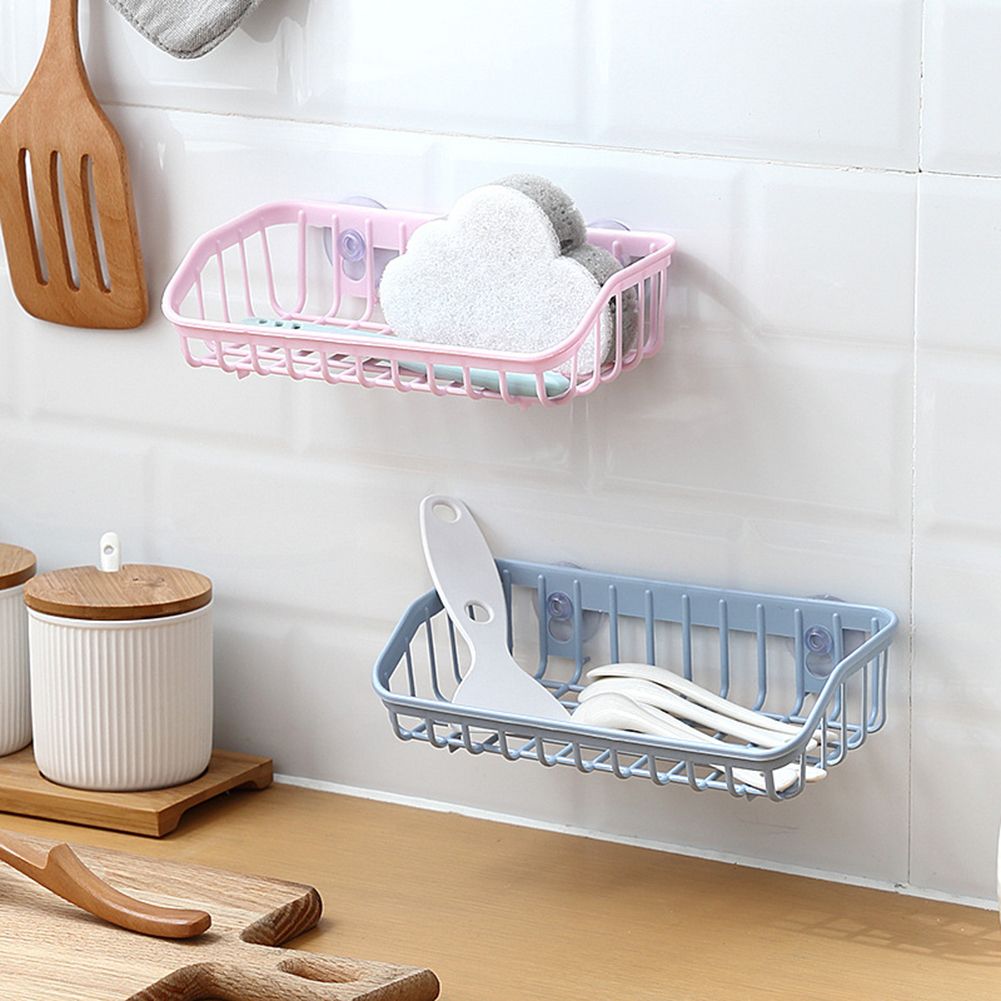 Kitchen Gadget Dual Suction Cup Drainage Shelf Dish Sponge Storage Rack Holder-Light Blue