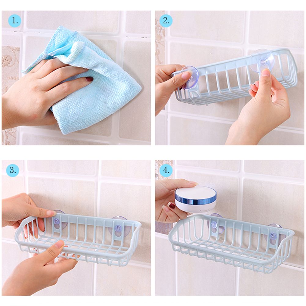 Kitchen Gadget Dual Suction Cup Drainage Shelf Dish Sponge Storage Rack Holder-Light Blue