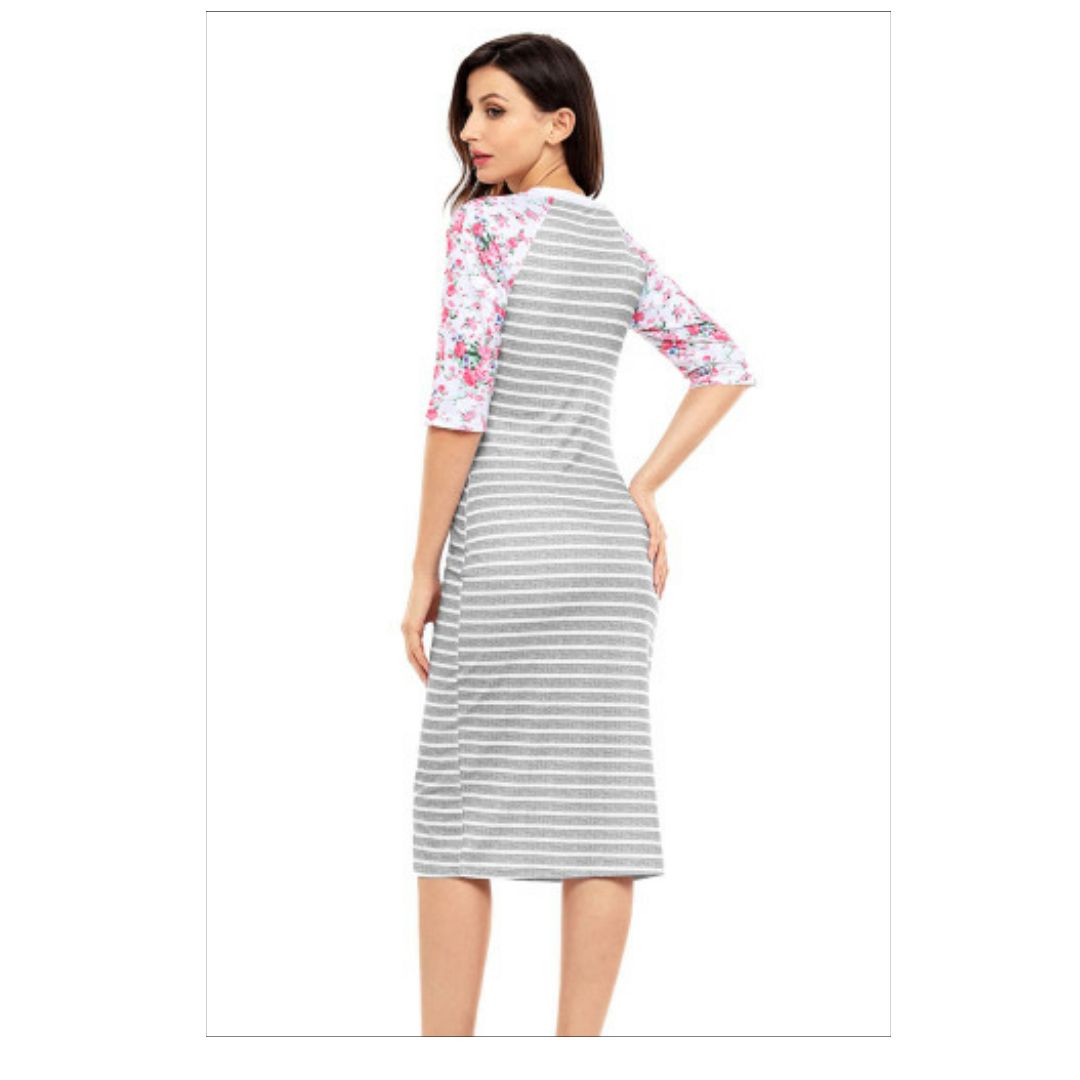Mfed Grey White Stripe Floral Sleeve Midi Dress