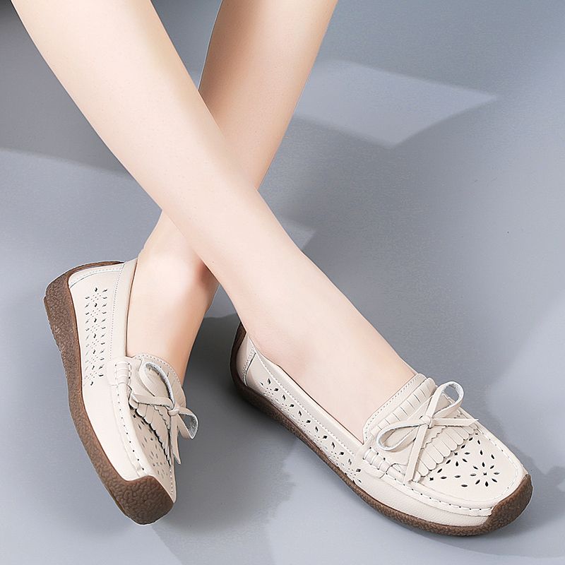 EUR Size 35-44 NEW Women Shoes Oxford Flats Shoes Woman Soft Bottom Cow Leather Women Flats Cut-Outs Summer Hollow Women's Loafers Female Solid Fashion Comfy Slip On Casual Shoes Ladies Ballet Flats Beige