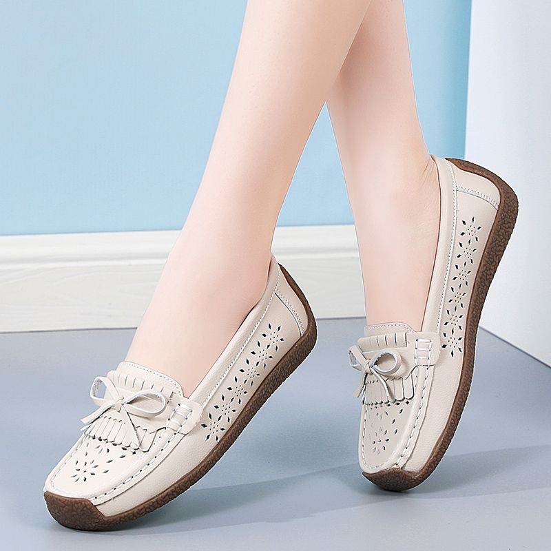 EUR Size 35-44 NEW Women Shoes Oxford Flats Shoes Woman Soft Bottom Cow Leather Women Flats Cut-Outs Summer Hollow Women's Loafers Female Solid Fashion Comfy Slip On Casual Shoes Ladies Ballet Flats Beige