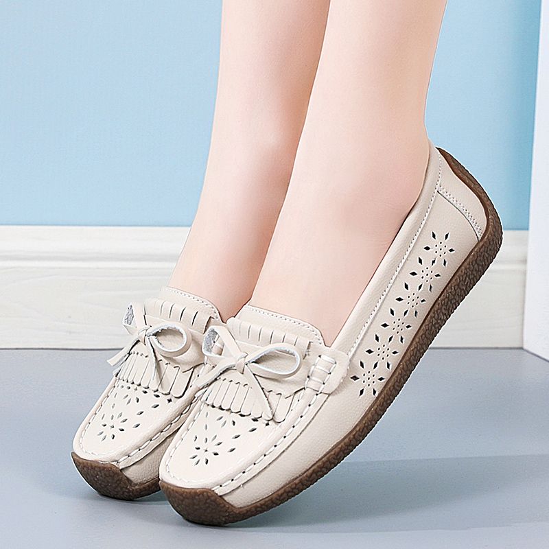 EUR Size 35-44 NEW Women Shoes Oxford Flats Shoes Woman Soft Bottom Cow Leather Women Flats Cut-Outs Summer Hollow Women's Loafers Female Solid Fashion Comfy Slip On Casual Shoes Ladies Ballet Flats Beige