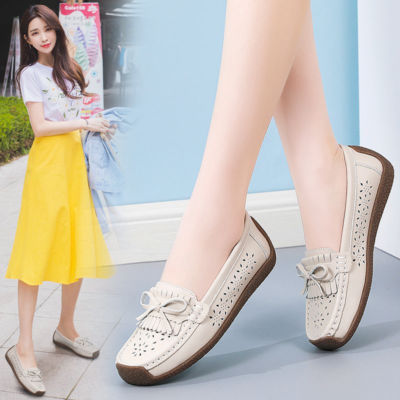 EUR Size 35-44 NEW Women Shoes Oxford Flats Shoes Woman Soft Bottom Cow Leather Women Flats Cut-Outs Summer Hollow Women's Loafers Female Solid Fashion Comfy Slip On Casual Shoes Ladies Ballet Flats Beige