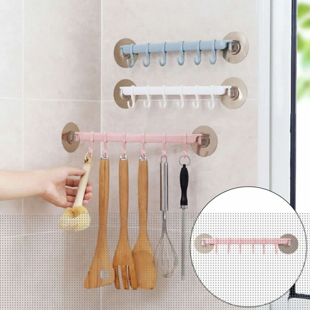Strong Adhesive Wall Mounted 6-Hook Kitchen Bathroom Hanger Storage Rack Holder-Blue