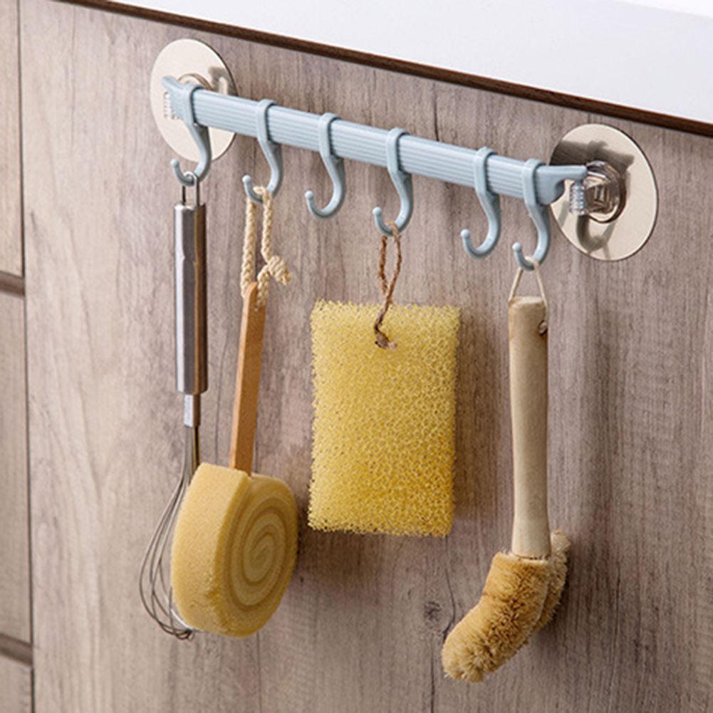 Strong Adhesive Wall Mounted 6-Hook Kitchen Bathroom Hanger Storage Rack Holder-Blue