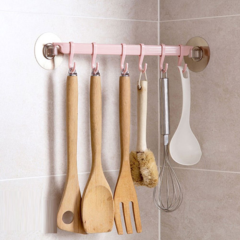Strong Adhesive Wall Mounted 6-Hook Kitchen Bathroom Hanger Storage Rack Holder-Blue