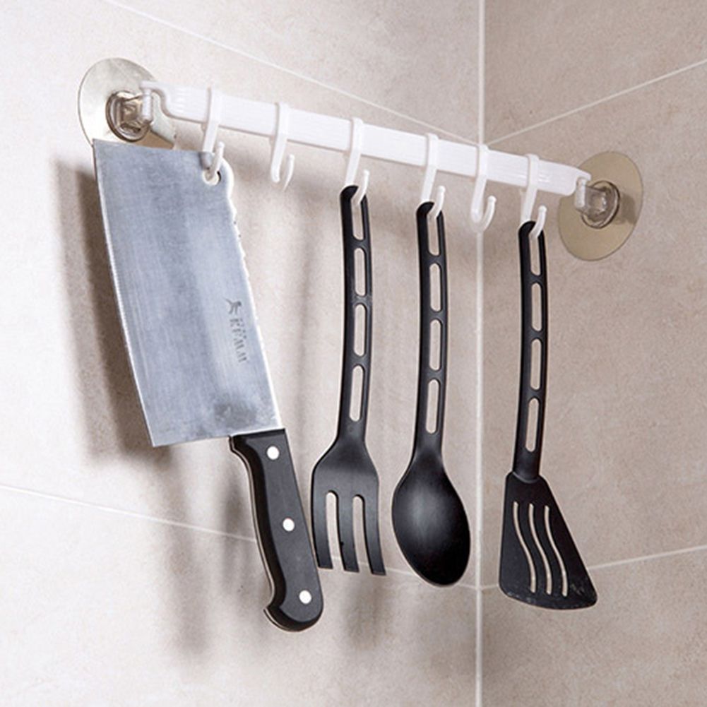 Strong Adhesive Wall Mounted 6-Hook Kitchen Bathroom Hanger Storage Rack Holder-Blue