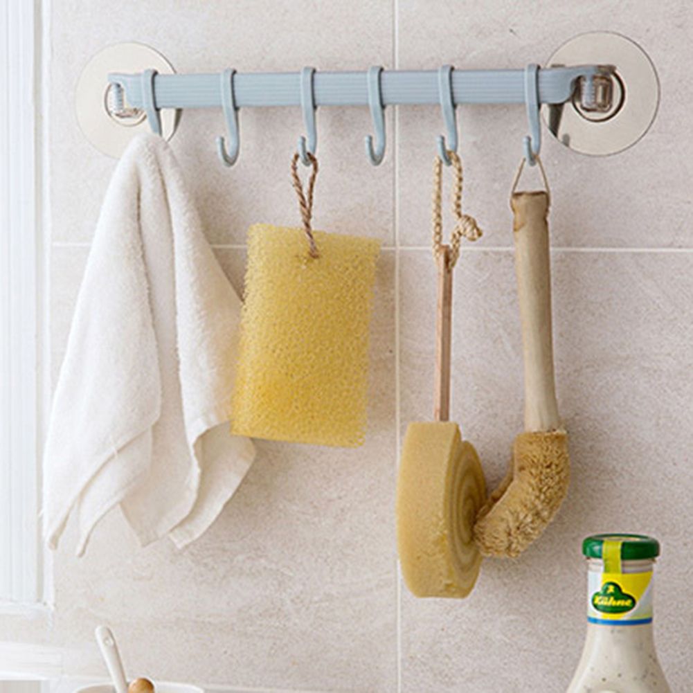 Strong Adhesive Wall Mounted 6-Hook Kitchen Bathroom Hanger Storage Rack Holder-Blue
