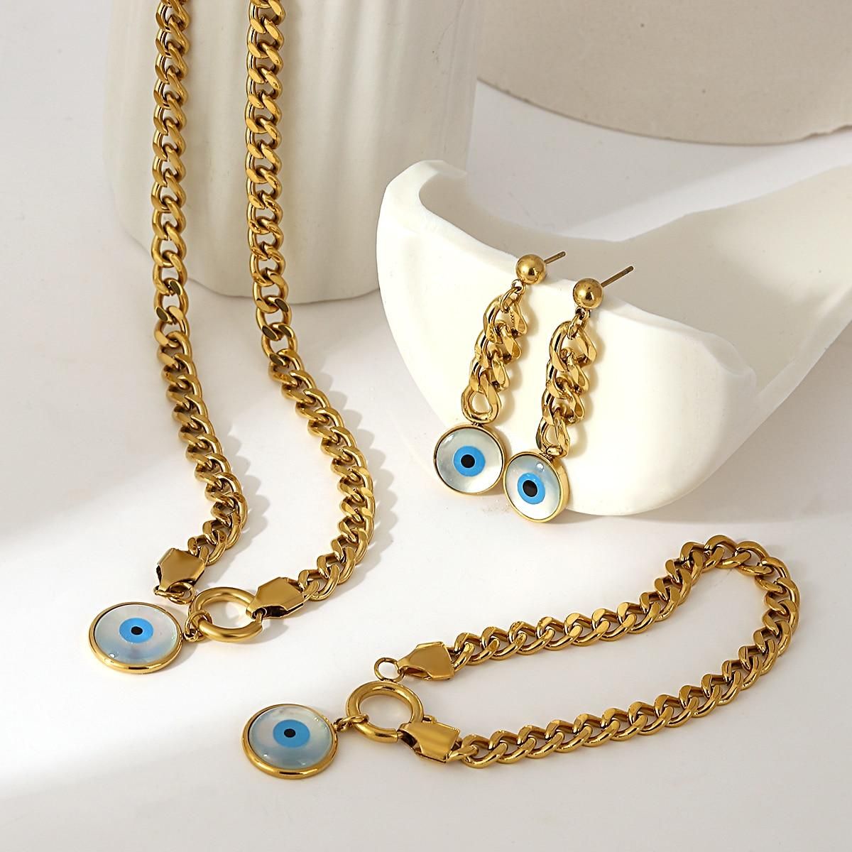 Flashbuy Trendy Turkish Evil Eye Stainless Steel Necklace For Women Female Statement Ethnic Style Inlaid Shell Bracelet Earrings
