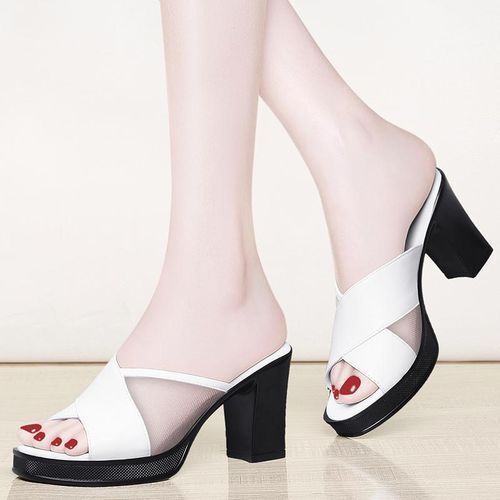 Lady's Thick Heel Slippers - White
