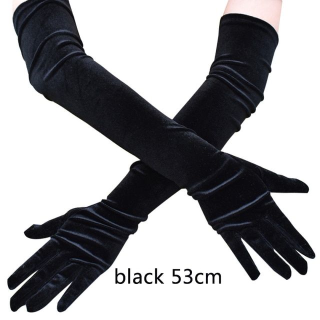 53CM Women Golden Velvet Long Autumn Winter Warm Black Evening Dress Etiquette Gloves Retro Style B