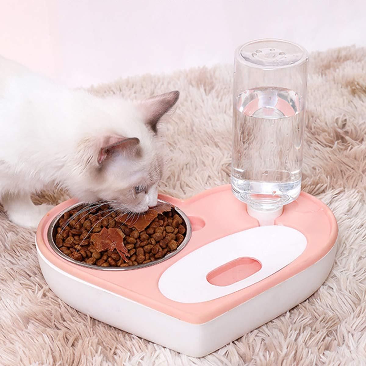 Dog Cat Water and Food Bowl Set, No-Spill Detachable Automatic Water Dispenser with Bowl, Non-Slip Pet Double Feeder Bowl Pink