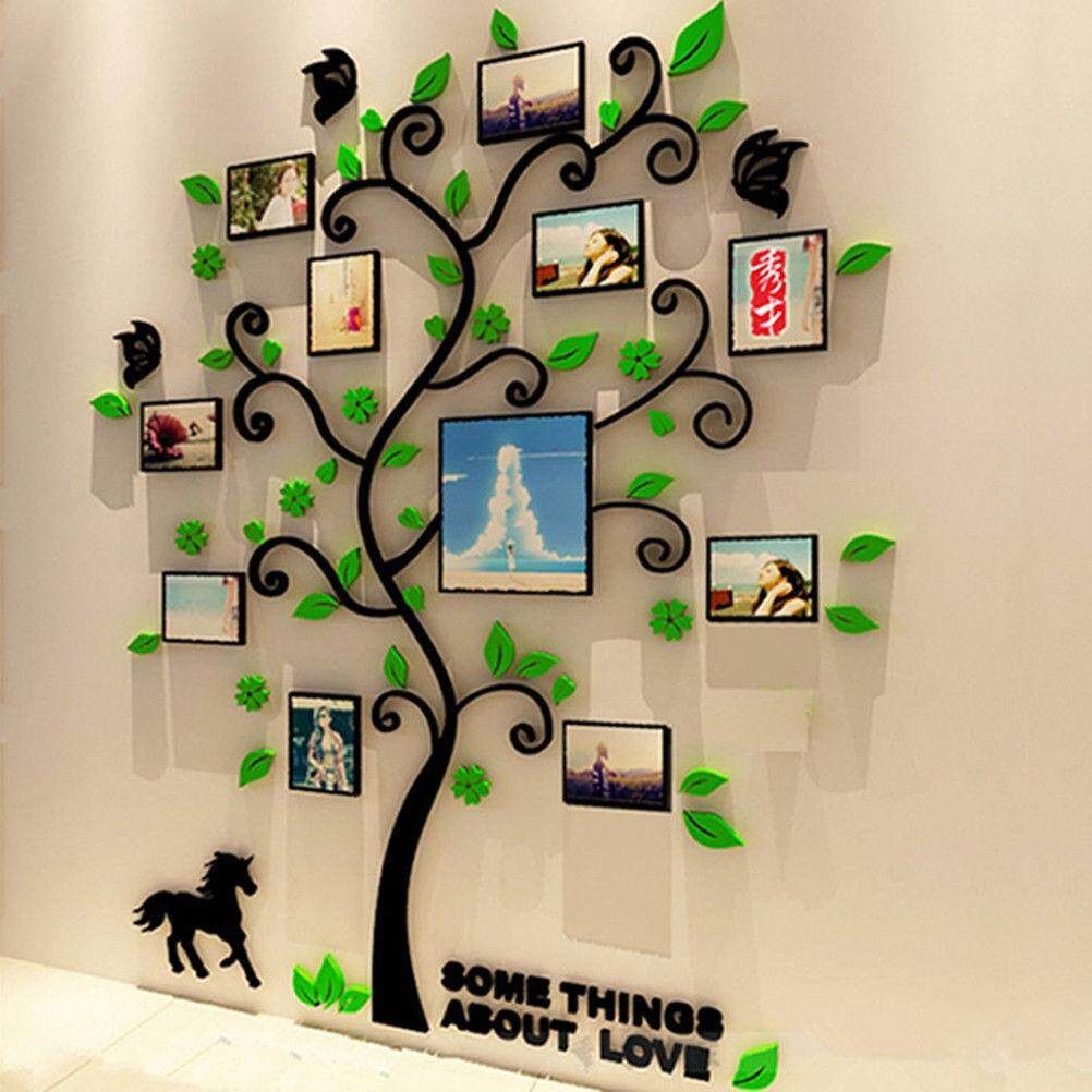 Removable Family Photo Frame Tree Sticker Living Room Wall Decals DIY Wall Decor Black Branch Light Green Leaf