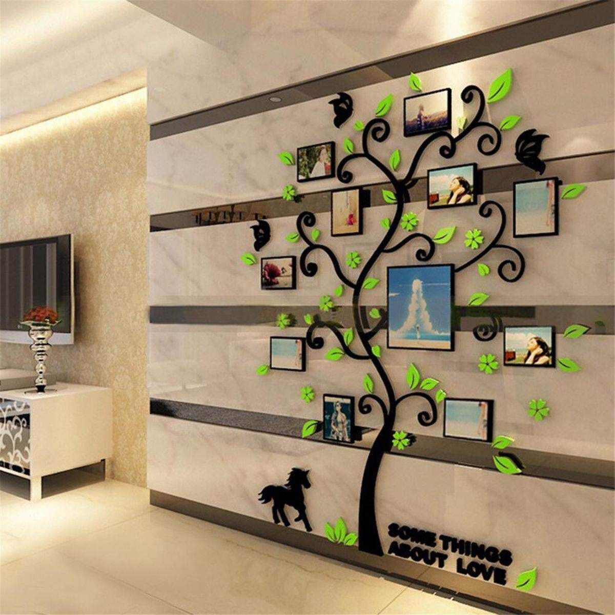 Removable Family Photo Frame Tree Sticker Living Room Wall Decals DIY Wall Decor Black Branch Light Green Leaf