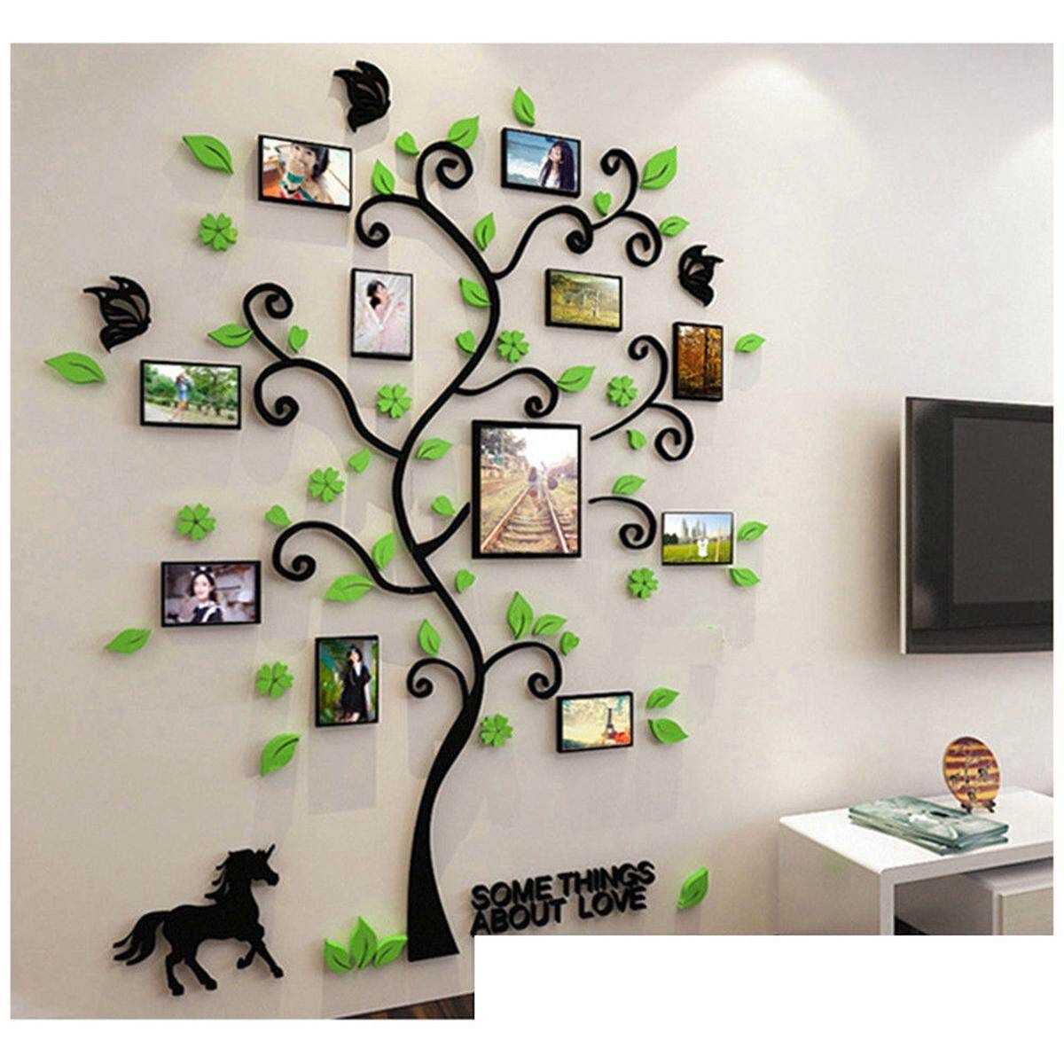 Removable Family Photo Frame Tree Sticker Living Room Wall Decals DIY Wall Decor Black Branch Light Green Leaf