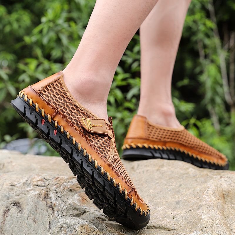 High Quality Mens Hiking Shoes EUR Size 38-48 Climbing Mountain Trekking Shoes Summer Mesh Breathable Outdoor Sneakers Non-Slip Wear-resistant Rubber Male Shoes Handmade Fishing Shoes Brown