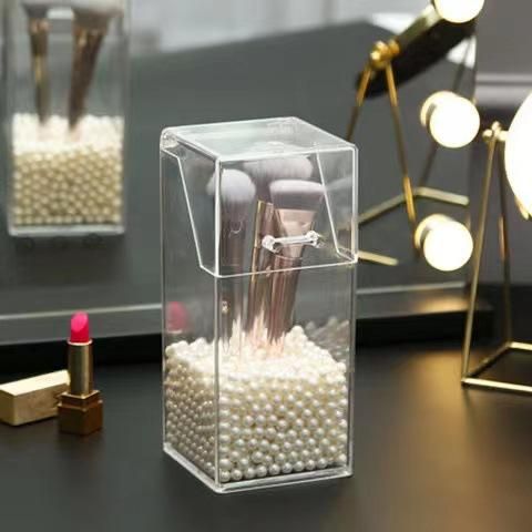 Simple transparent acrylic square pen holder student desktop finishing storage box with cover makeup brush eyebrow pencil storage bucket bag of white pearls