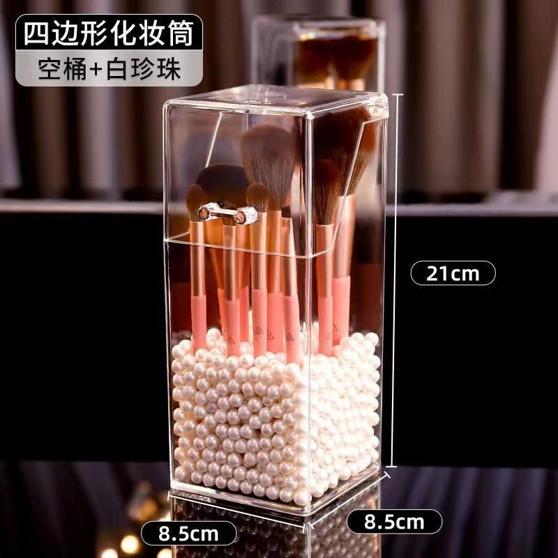 Simple transparent acrylic square pen holder student desktop finishing storage box with cover makeup brush eyebrow pencil storage bucket bag of white pearls