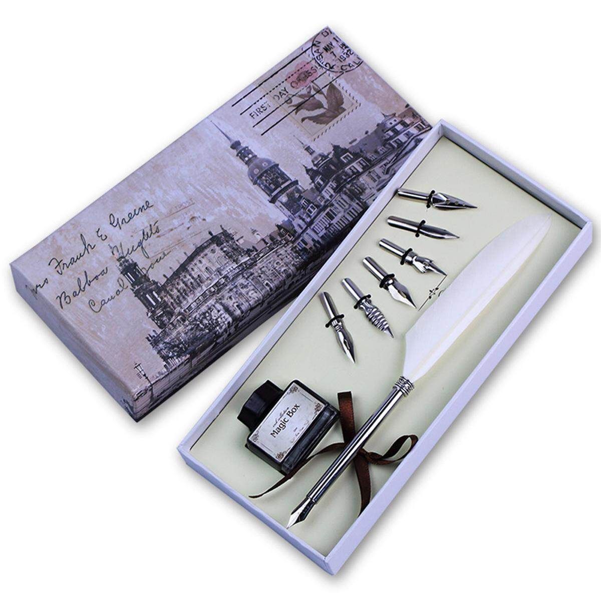 Vintage Black Quill Dip Pen Goose Feather Pen With Black Ink + 6 Nibs Set Gift